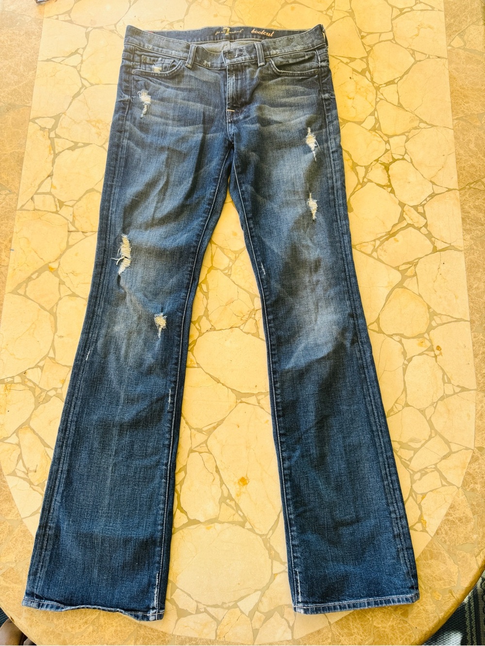7 For All Mankind Dark Blue Bootcut Jeans with Distressed Detail Size 30